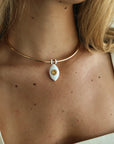 Close-up of the necklace worn with an off-shoulder white top, showcasing the charm centered at the collarbone.