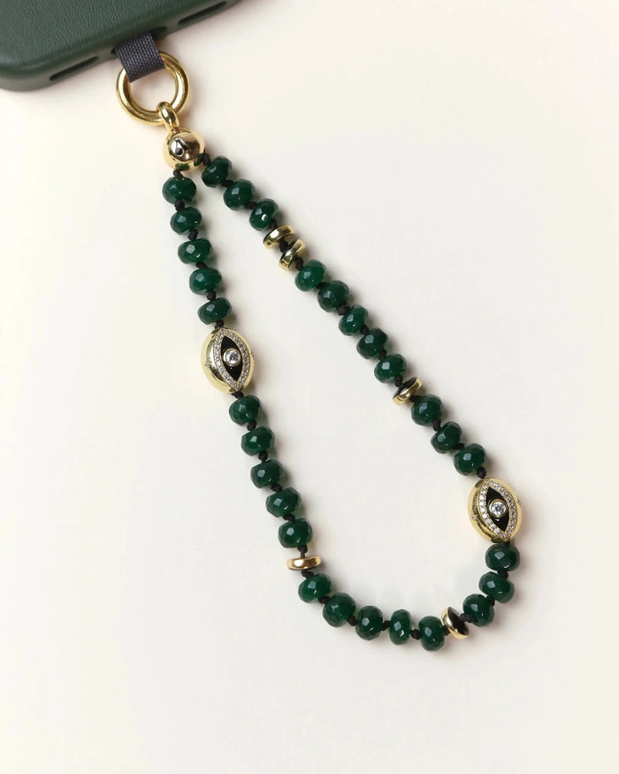 Emerald Leah  Phone Charm displayed in looped form, highlighting gemstone color and gold finishes.