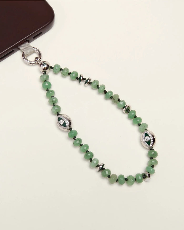 Leah Phone Charm in Jade shown in looped form with silver and gold accents on a neutral background.