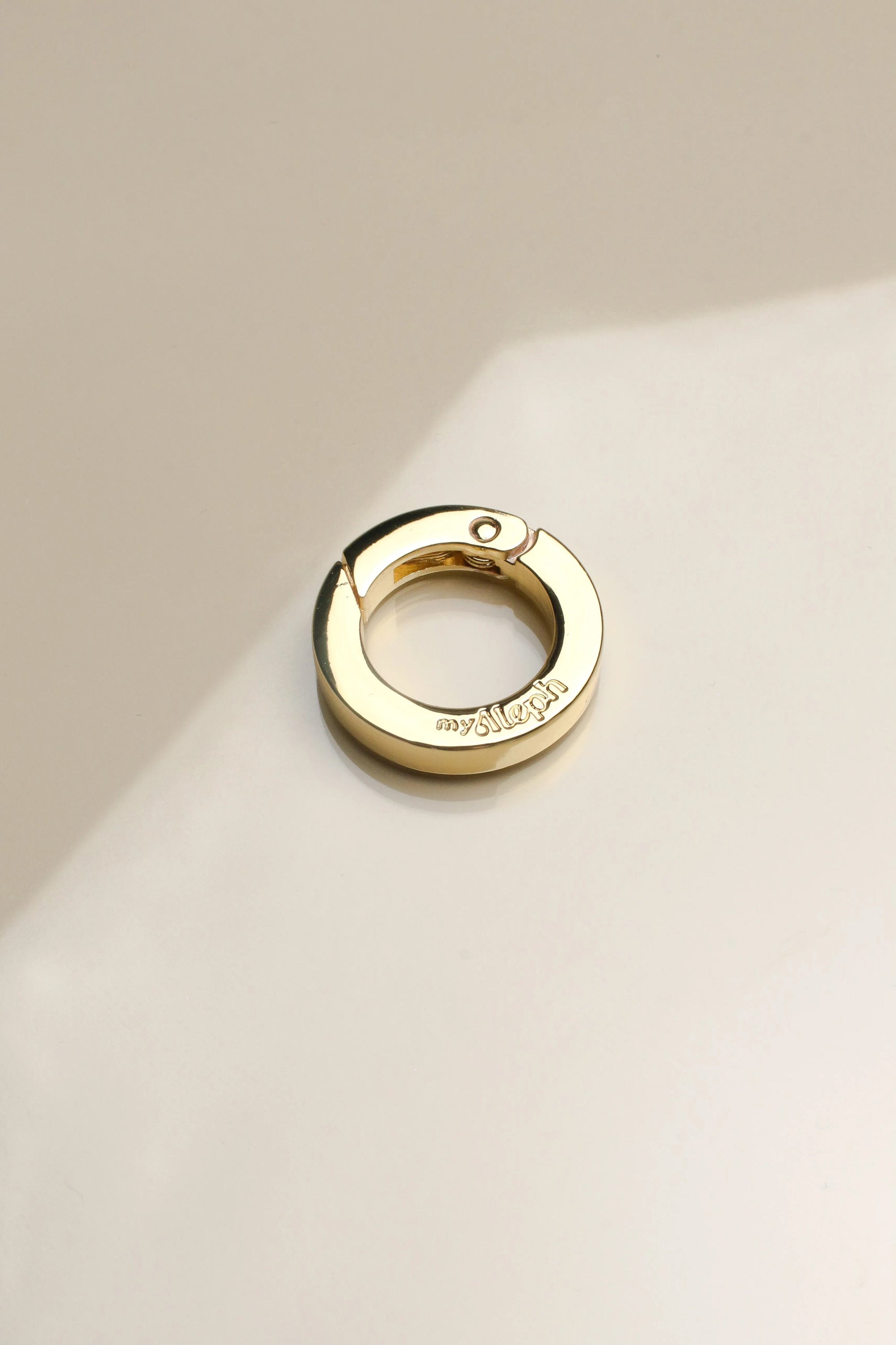 Close-up of 'The Ring' accessory in gold, displaying its sleek, polished finish with a user-friendly spring clasp, designed for versatile styling.