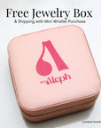 A pink jewelry box with a zipper closure, featuring the "myAleph" logo in bold pink on the lid. The text above the box reads "Free Jewelry Box & Shipping with Mini Wristlet Purchase" in elegant black font, with "Limited Availability" in smaller text at the bottom right corner. The jewelry box has a sleek, compact design, suggesting it is ideal for storing accessories or gifts.